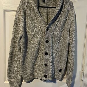 Gray Cable Knit Cardigan Sweater with V-Neck